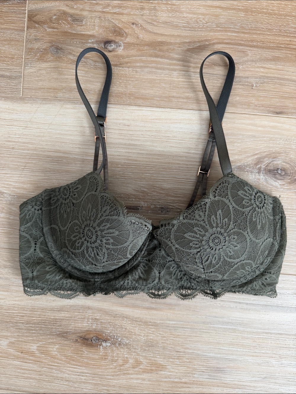 aerie Olive Green Floral Lace Underwire Push Up Bra 32C